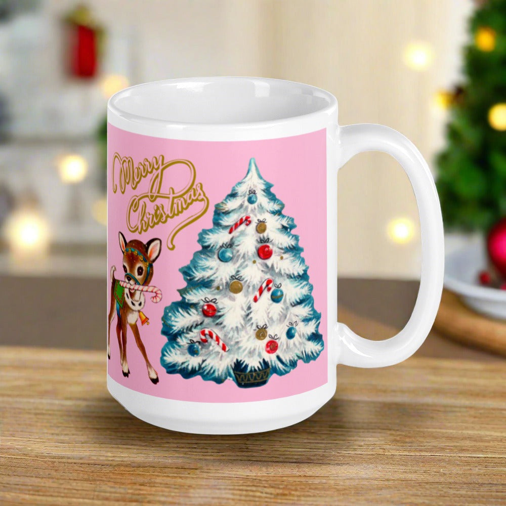 Merry Christmas Vintage Reindeer Tree Pink Mid Century Retro Christmas Print Glossy Mug