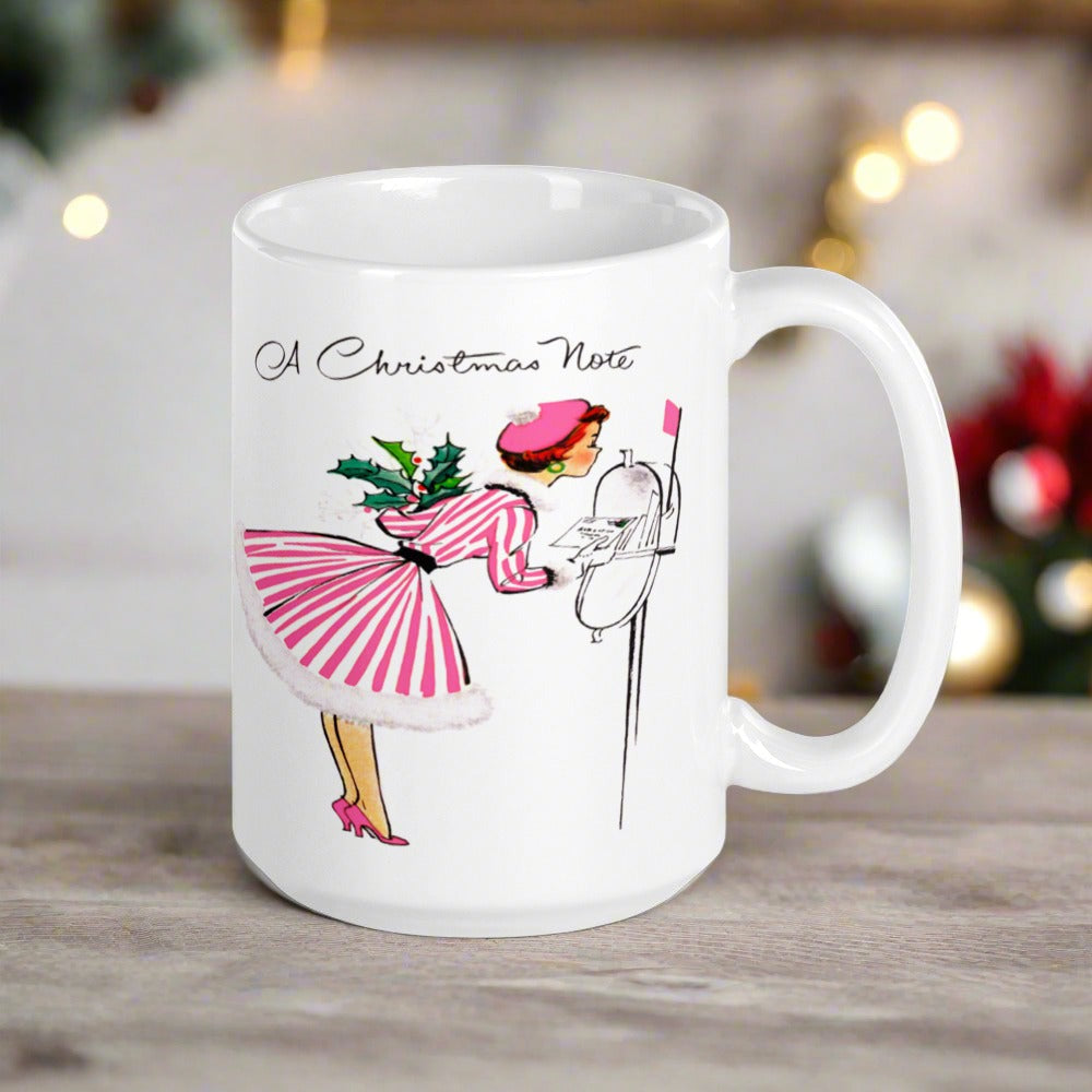 A Christmas Note Lady At Mailbox Retro Christmas Print Glossy Coffee Mug