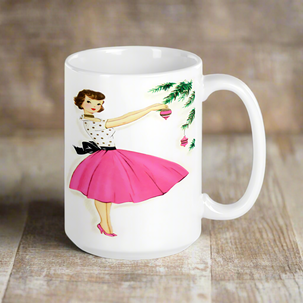 Christmas Lady Decorating Tree Pink Mid Century Retro Christmas Print Glossy Mug