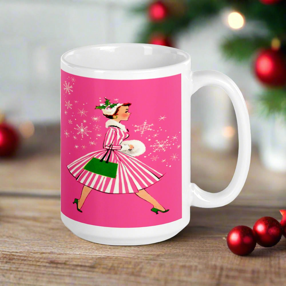 Pink Christmas Lady Mid Century Retro Christmas Print Glossy Mug