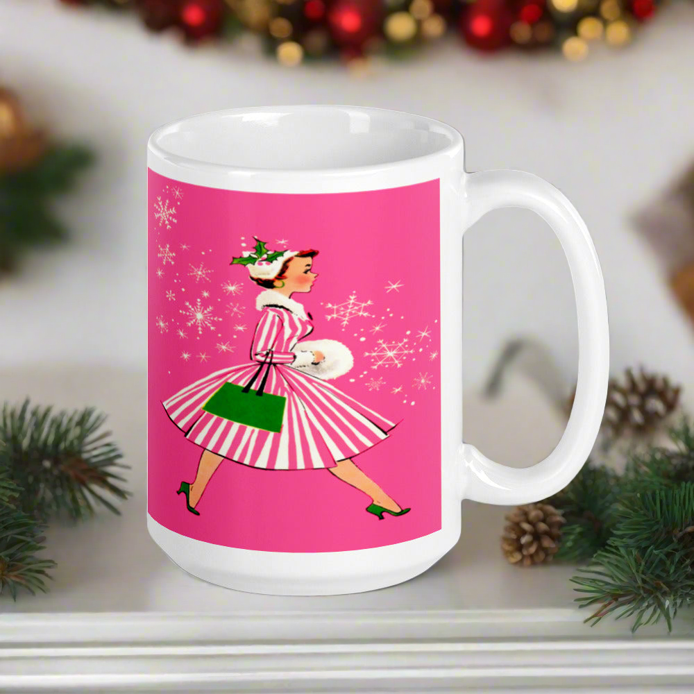 Pink Christmas Lady Mid Century Retro Christmas Print Glossy Mug
