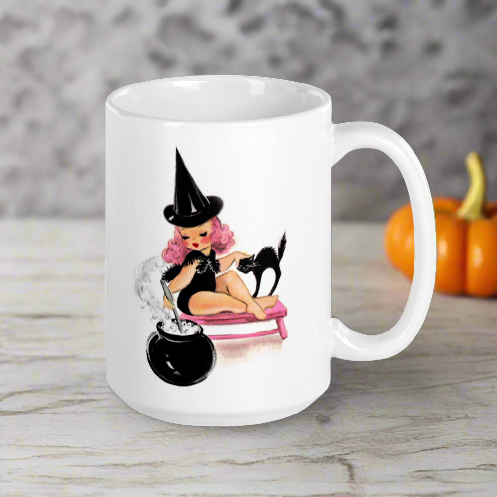 Pink Witch With Black Cat And Caulderon Halloween Retro Print Glossy Mug