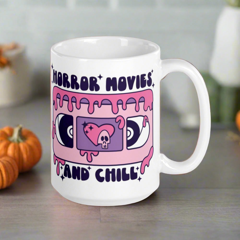 Horror Movies And Chill Distressed Retro Style Halloween Print Glossy Mug
