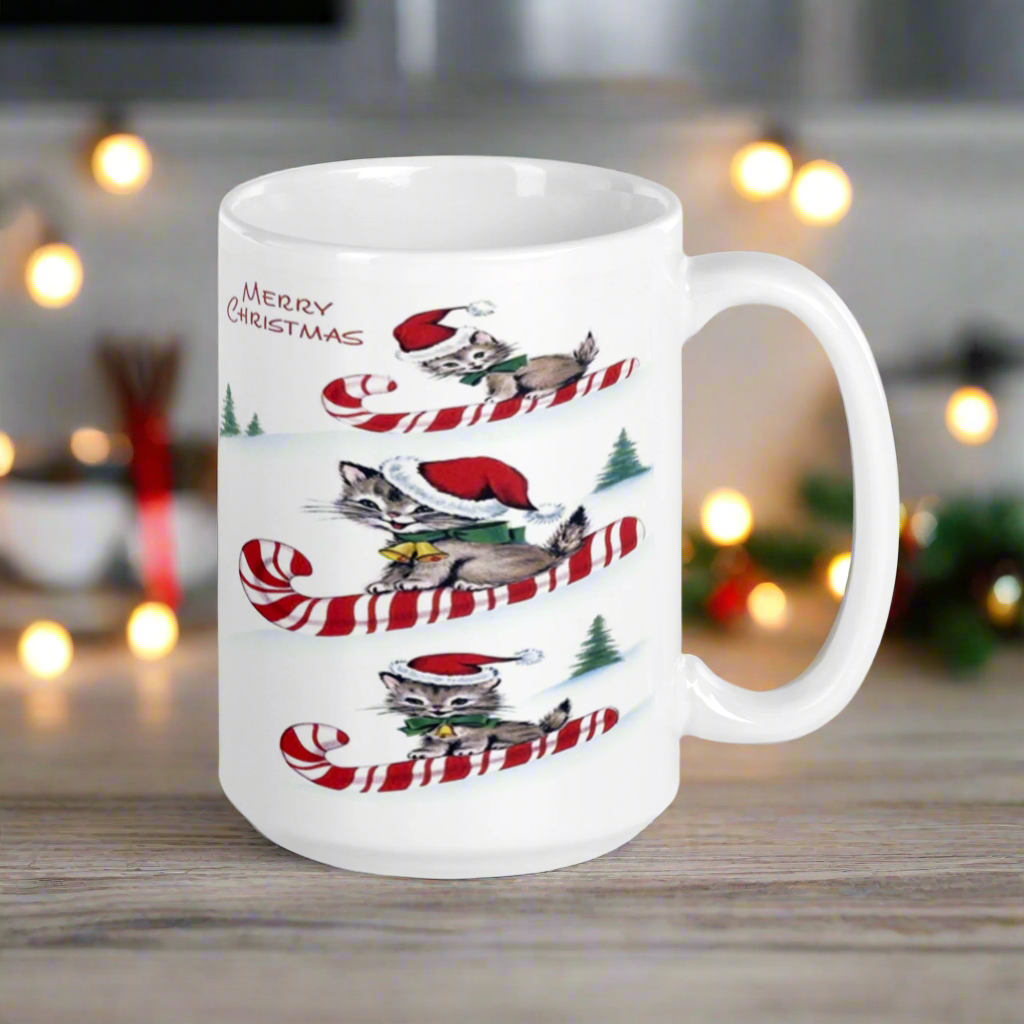 Merry Christmas Candy Cane Sledding Kittens Midcentury Retro Glossy Coffee Mug