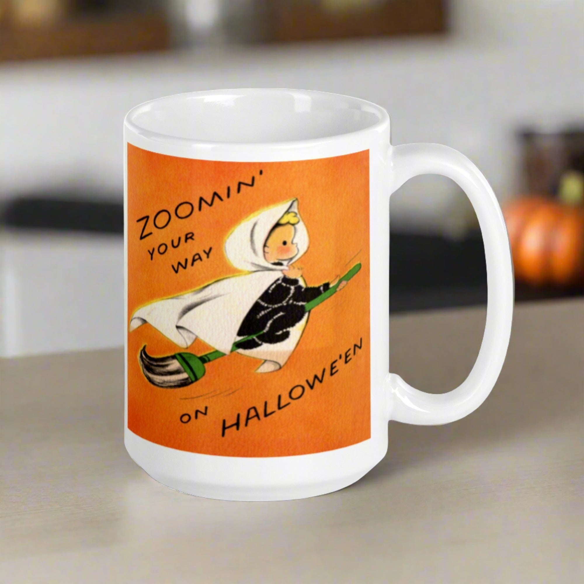 Zoomin' Your Way On Halloween Little Witch Retro Halloween Print Glossy Mug