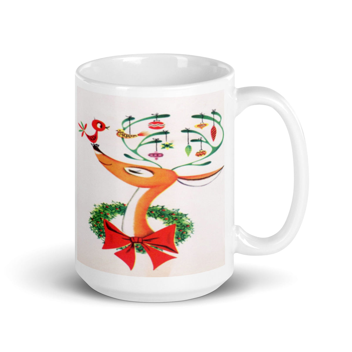 Reindeer With Ornaments And Bird Deco Retro Christmas Print Glossy Mug