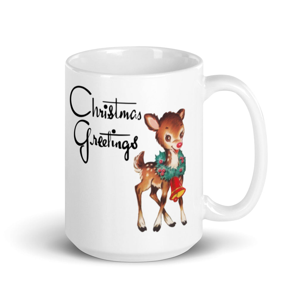 Christmas Greetings Reindeer Mid Century Retro Christmas Print Glossy Mug