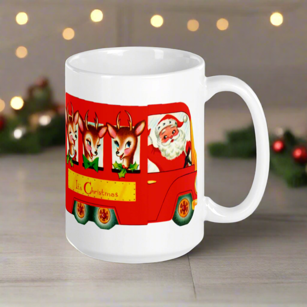 It’s Christmas Santa Reindeer Bus Mid Century Retro Christmas Print Glossy Mug