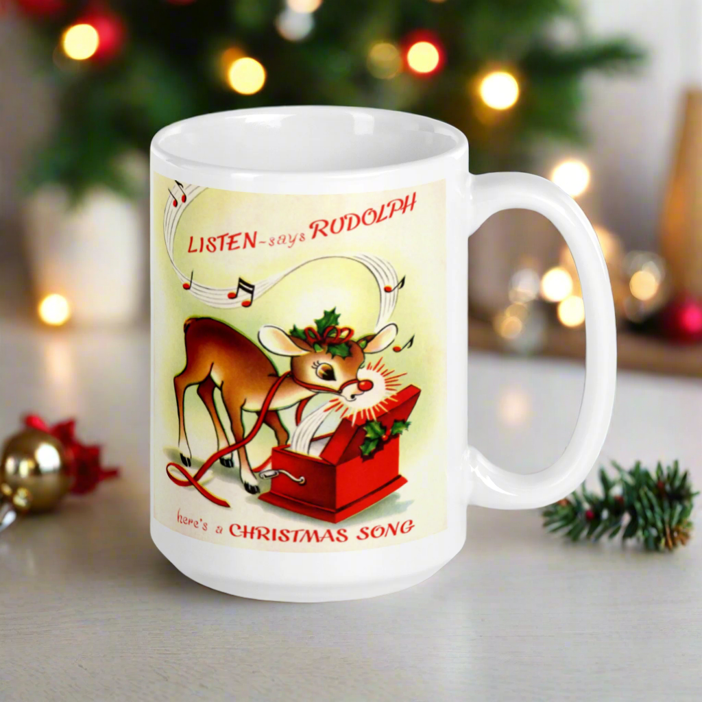 Listen Says Rudolph Here's A Christmas Song Mid Century Retro Glossy Coffee Mug