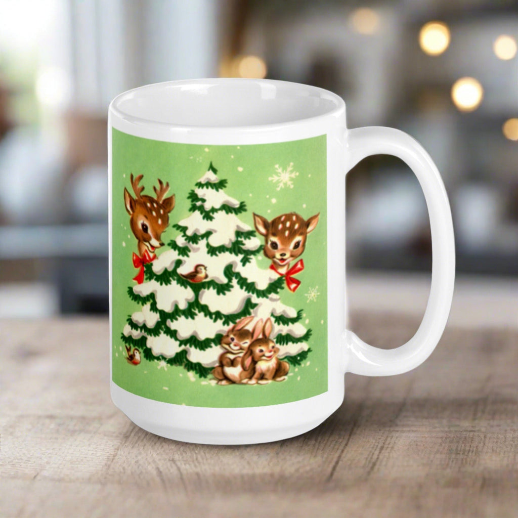 Reindeer In Snowy Tree With Bunnies And Birds Green Mid Century Retro Christmas Print Glossy Mug