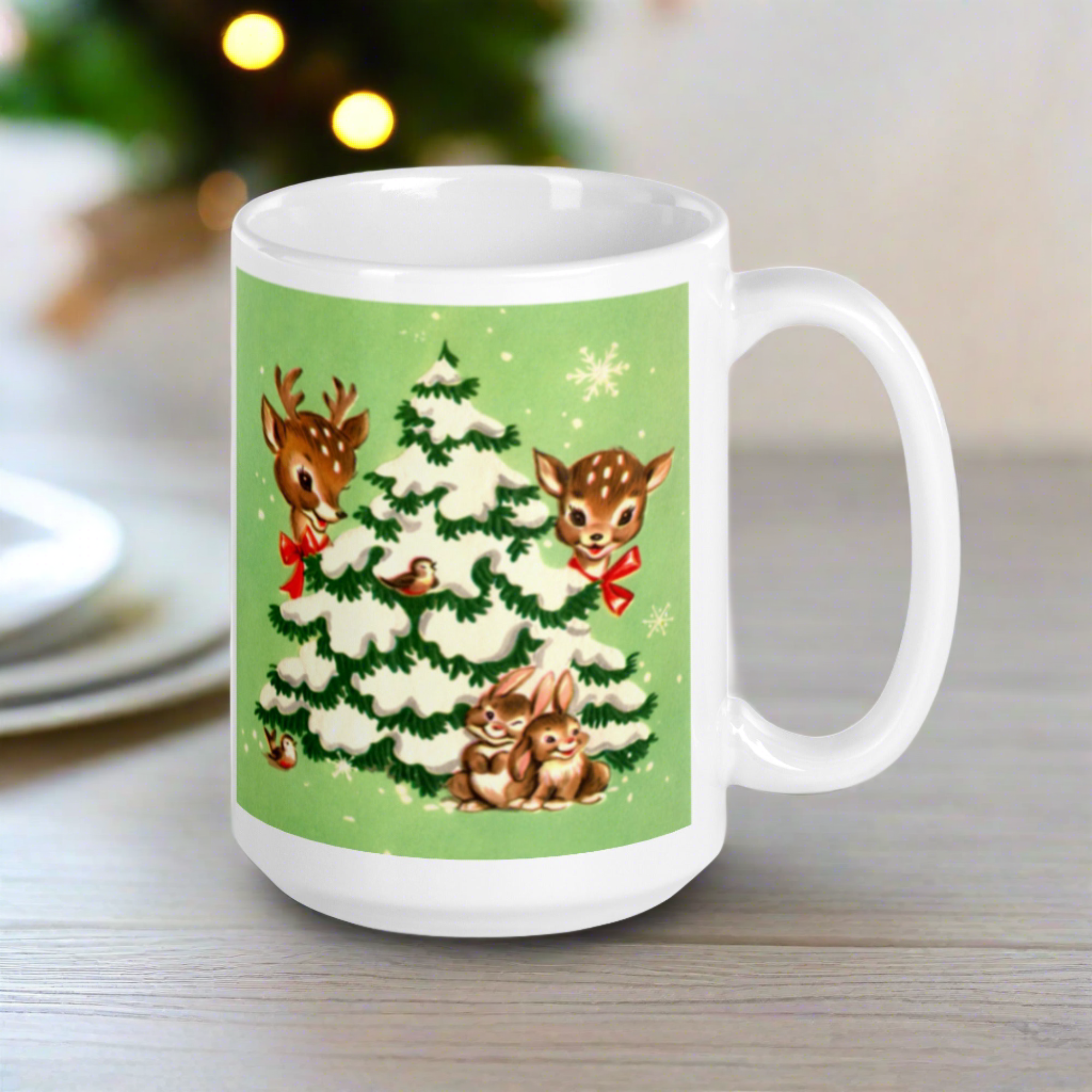 Reindeer In Snowy Tree With Bunnies And Birds Green Mid Century Retro Christmas Print Glossy Mug