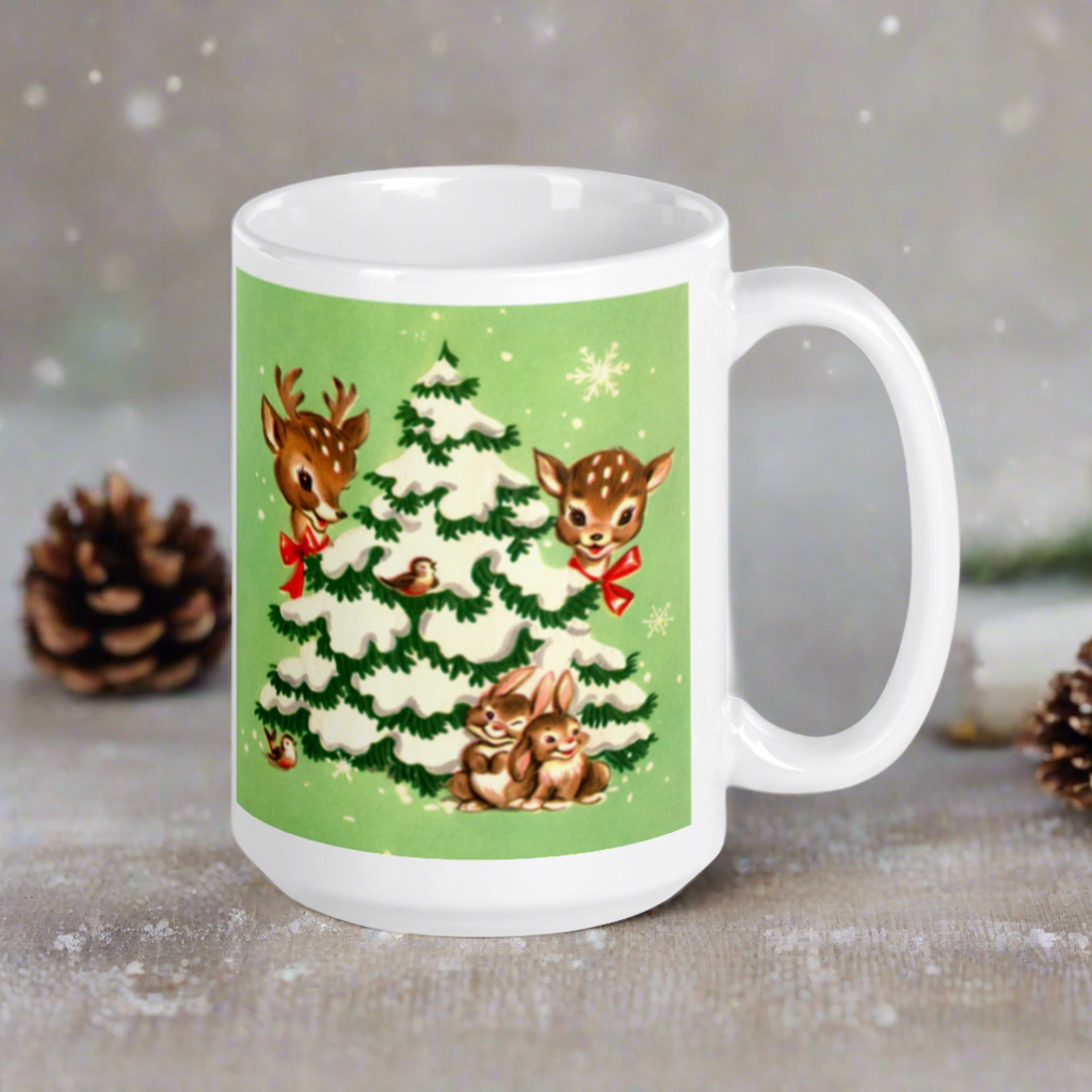 Reindeer In Snowy Tree With Bunnies And Birds Green Mid Century Retro Christmas Print Glossy Mug
