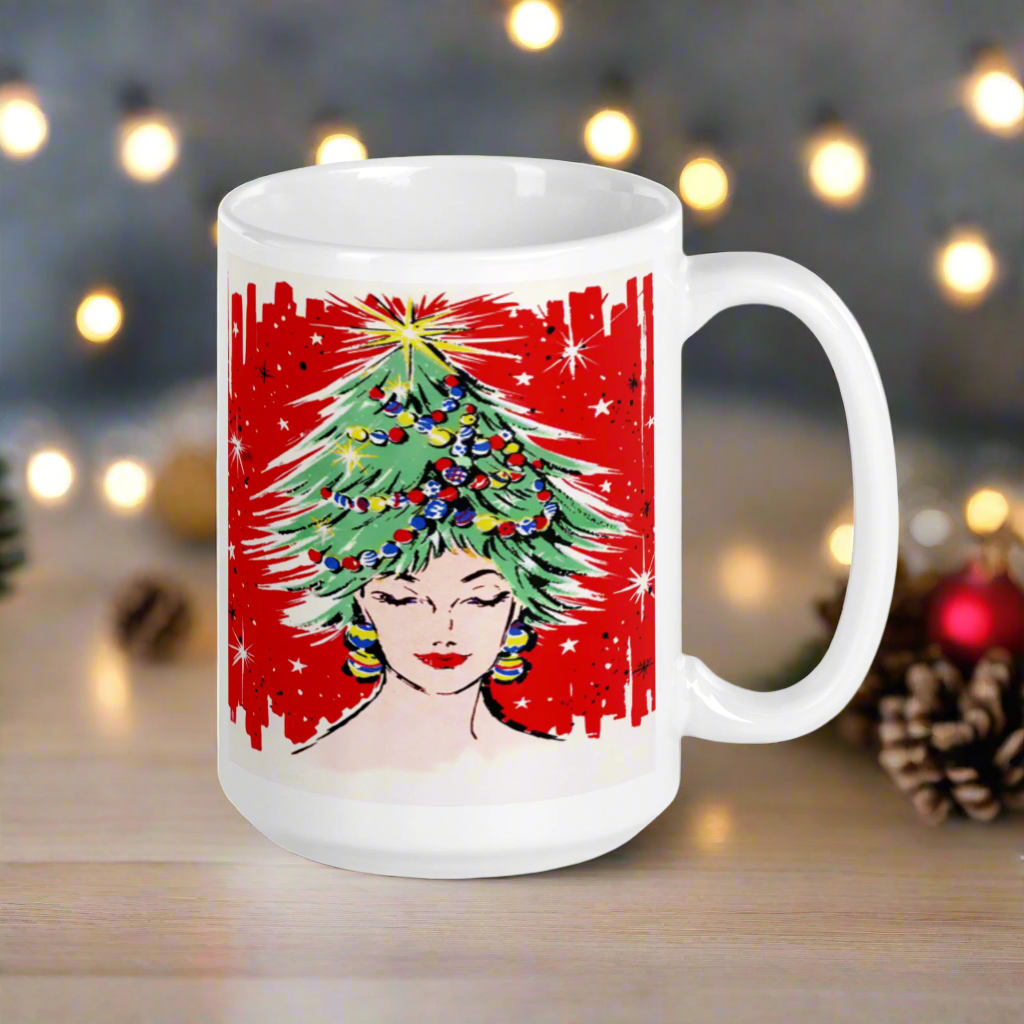 Christmas Tree Hat Lady Midcentury Retro Glossy Coffee Mug