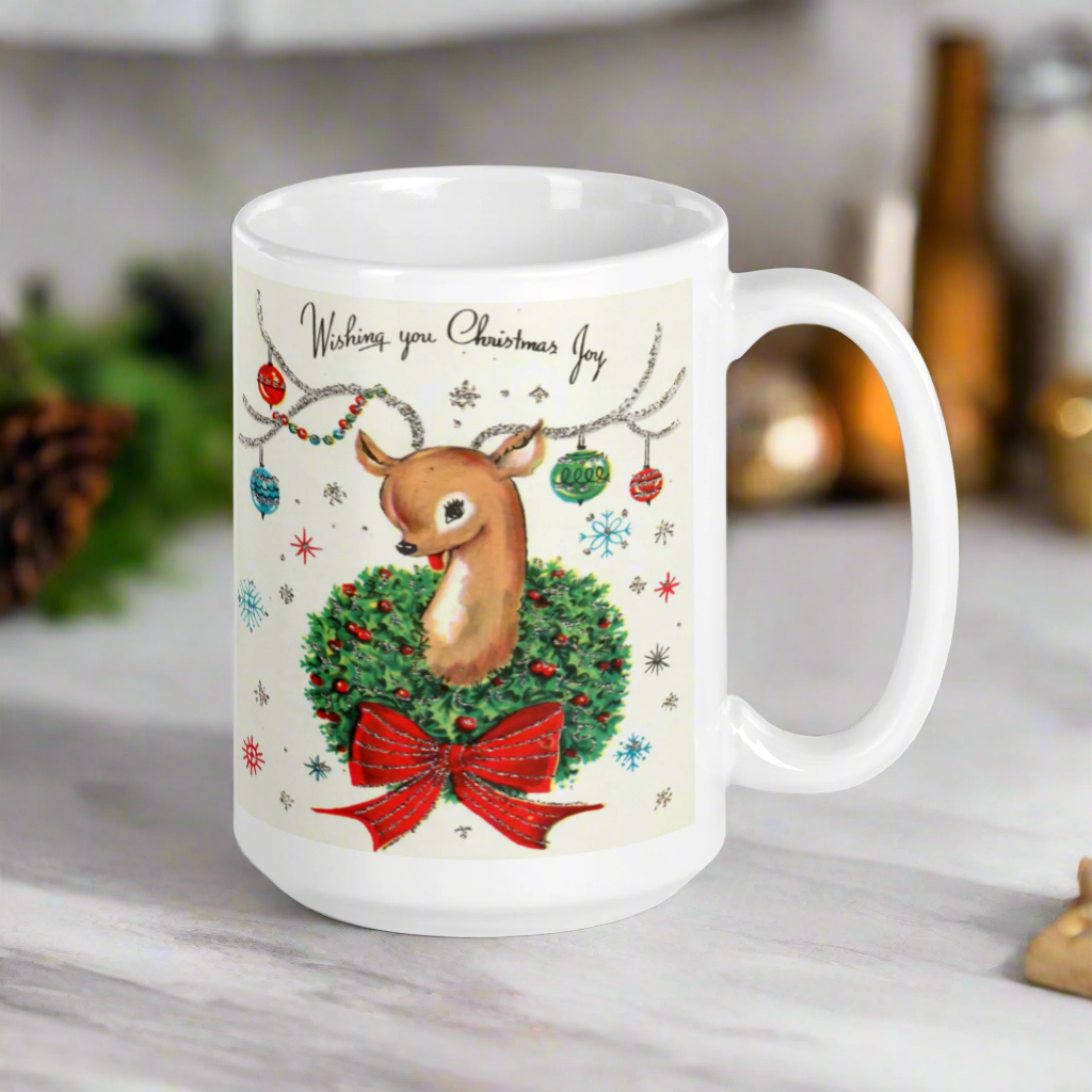 Wishing You Christmas Joy Reindeer With Ornaments Midcentury Retro Christmas Glossy Coffee Mug