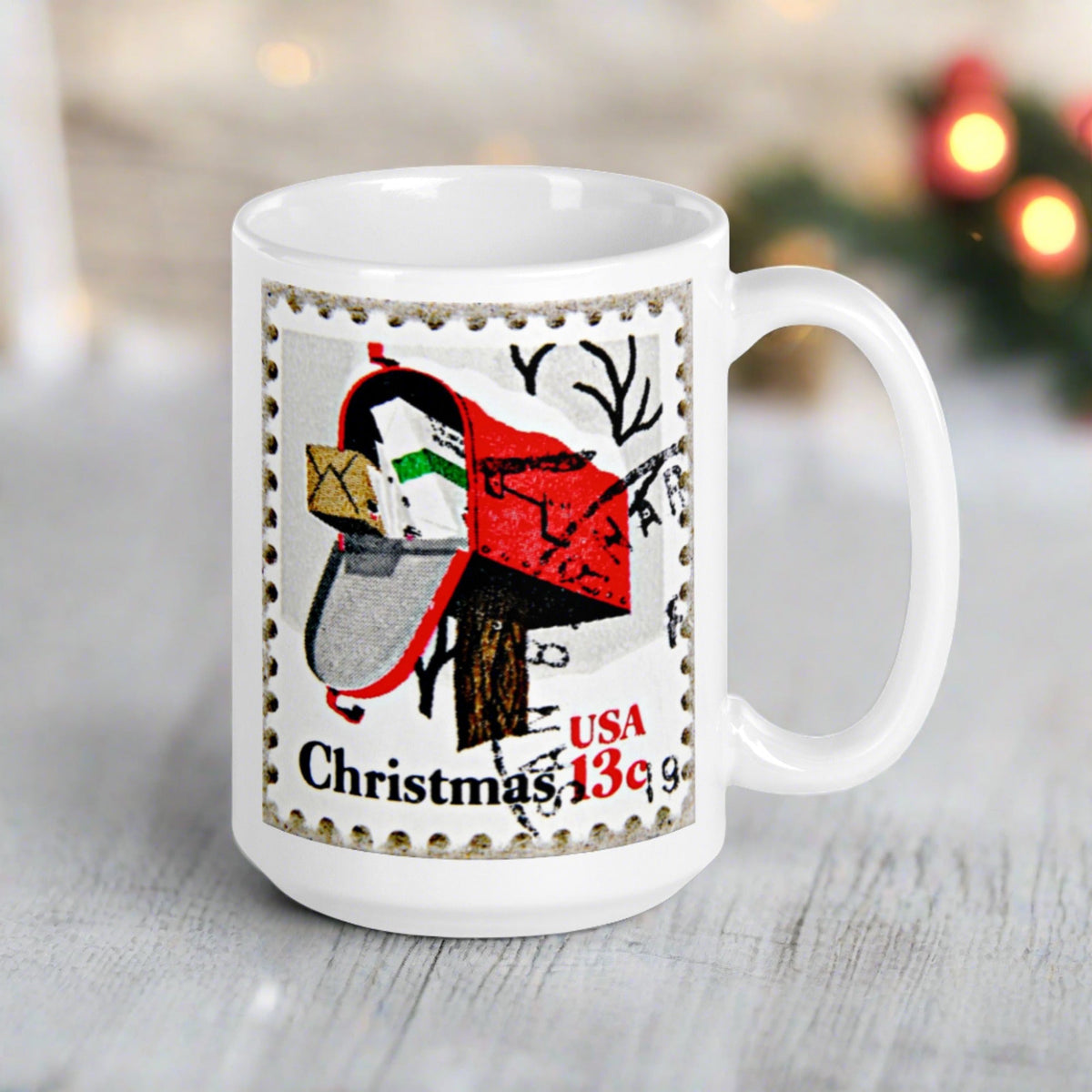 Christmas Stamp Mailbox Retro Christmas Print Glossy Mug