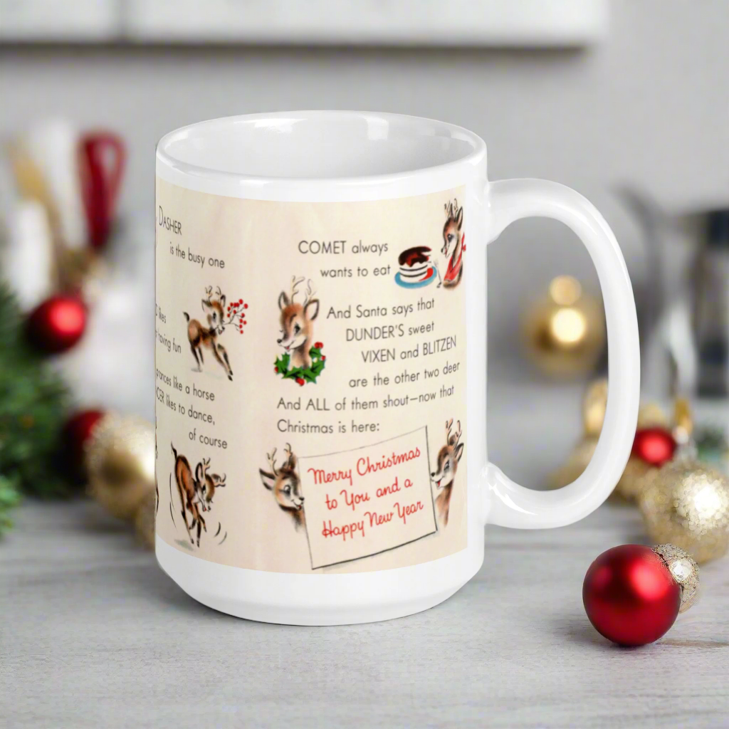 Santa’s Reindeer Story Christmas Midcentury Retro Glossy Coffee Mug