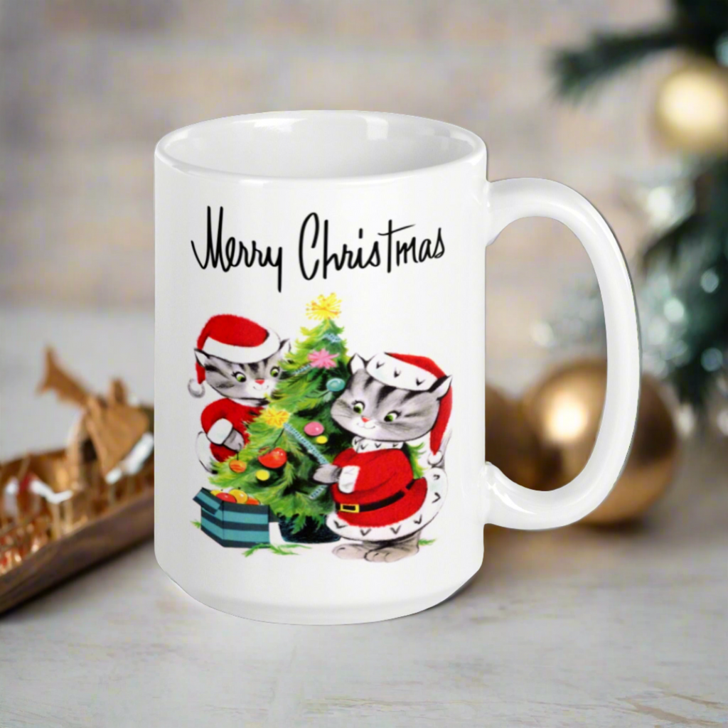 Merry Christmas Santa Christmas Cats Decorating Tree Mid Century Retro Christmas Print Glossy Mug