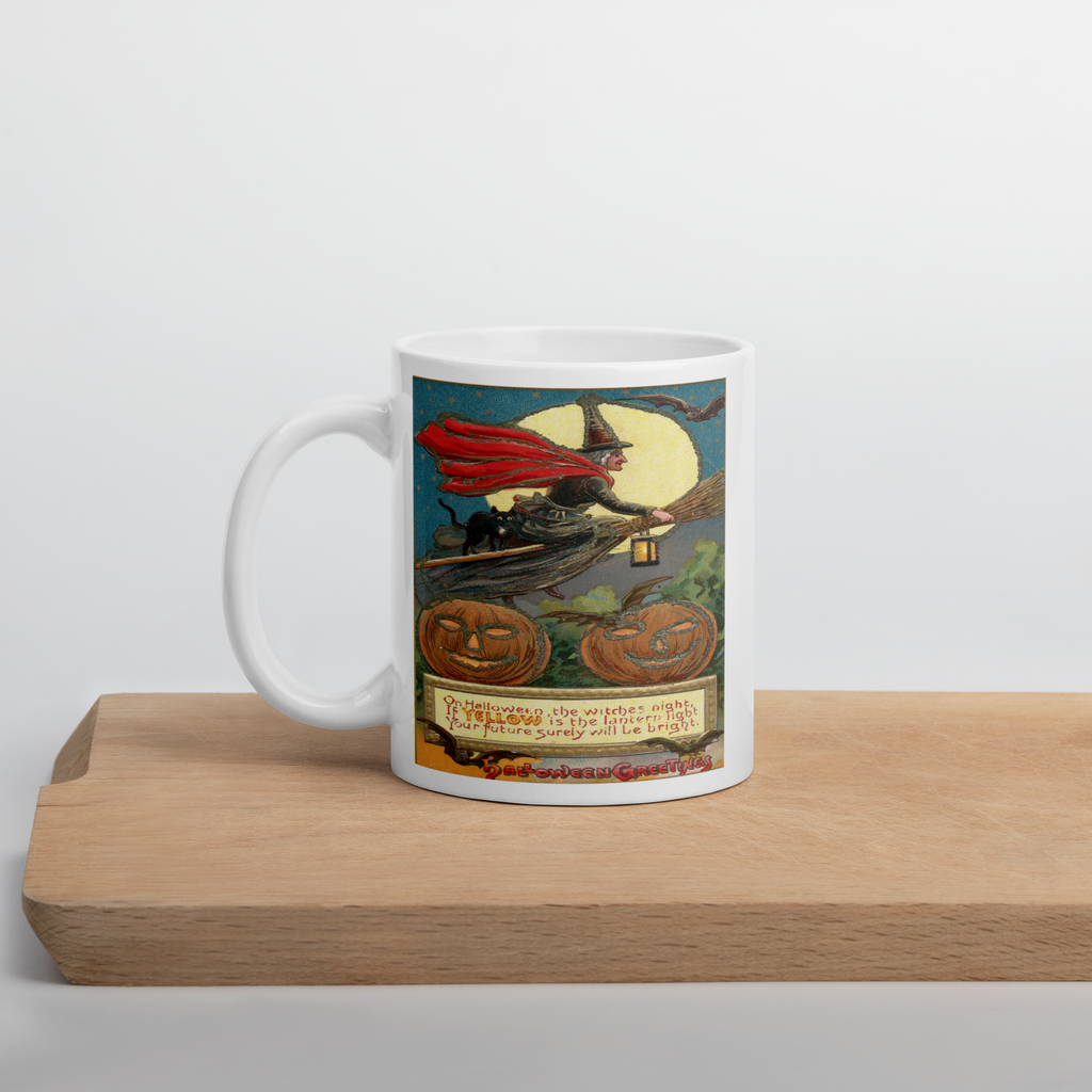 Victorian Witch Black Cat Retro Vintage Art Halloween Glossy Coffee Mug