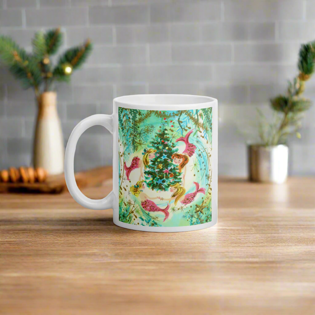 Mermaids Under The Sea Around The Christmas Tree Mid Century Retro Christmas Glossy Coffee Mug