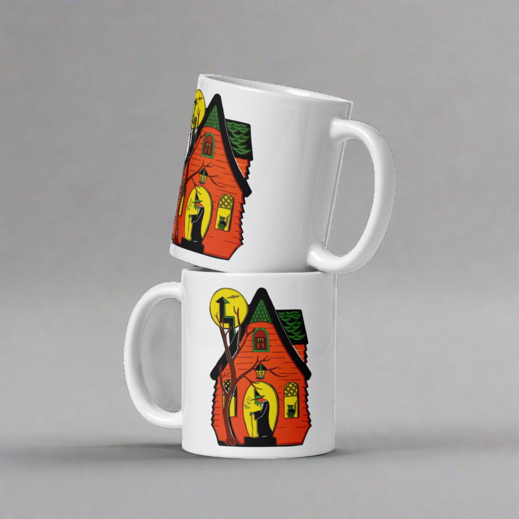 Halloween Witch House Black Cat Yellow Moon Vintage Retro Print Glossy Coffee Mug