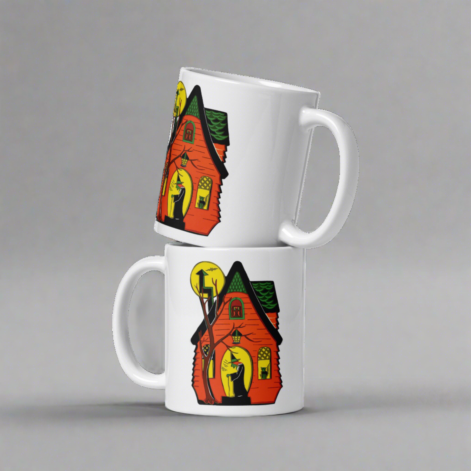 Halloween Witch House Black Cat Yellow Moon Vintage Retro Print Glossy Coffee Mug