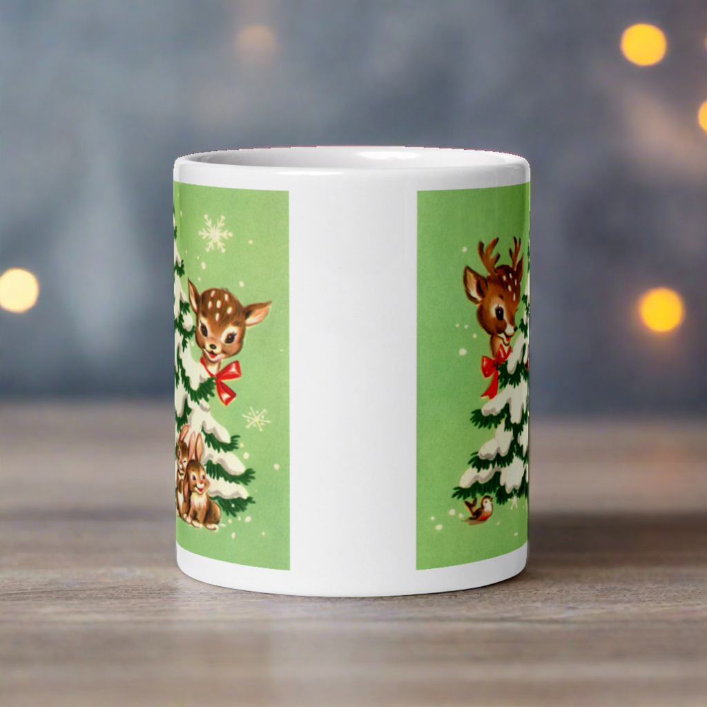 Reindeer In Snowy Tree With Bunnies And Birds Green Mid Century Retro Christmas Print Glossy Mug