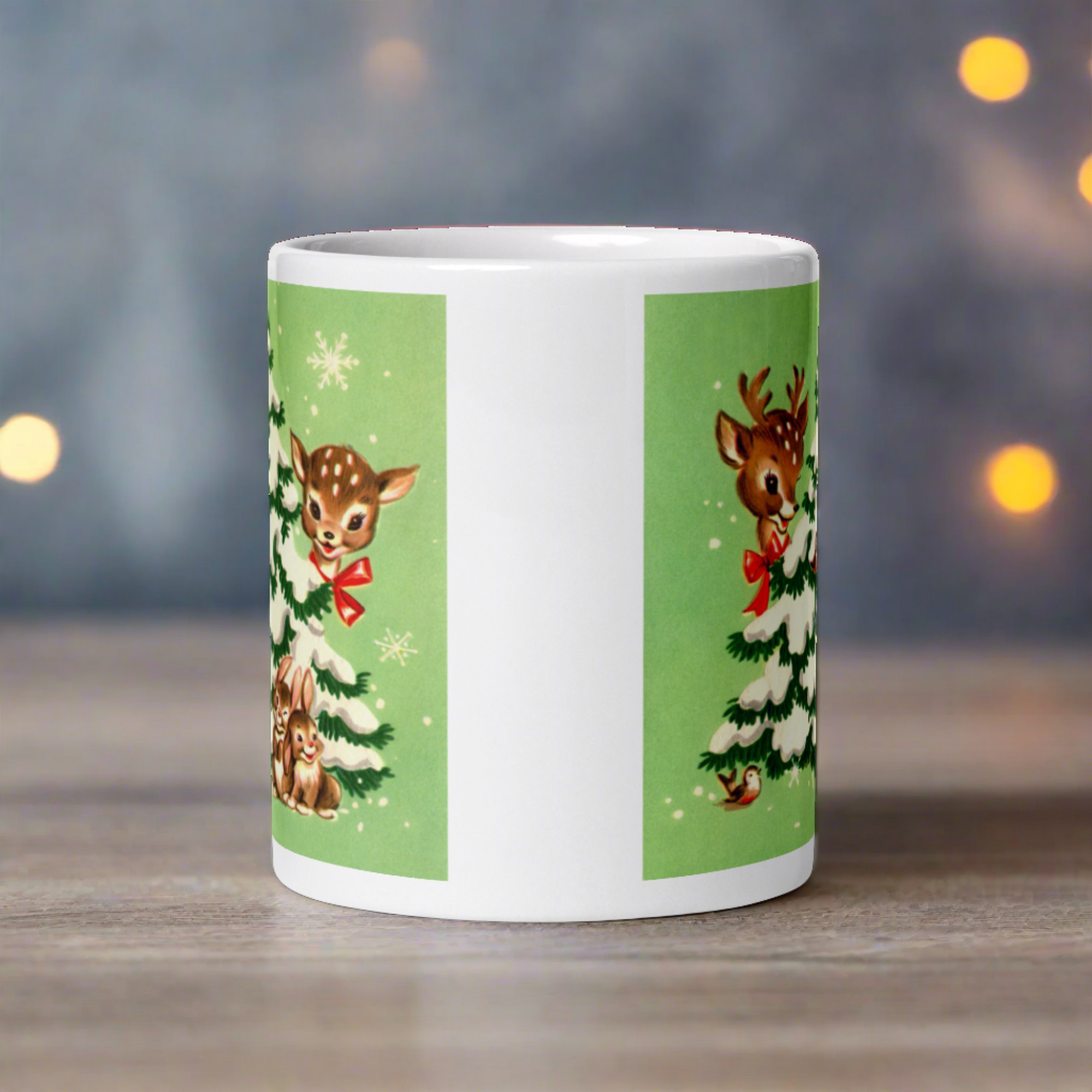 Reindeer In Snowy Tree With Bunnies And Birds Green Mid Century Retro Christmas Print Glossy Mug