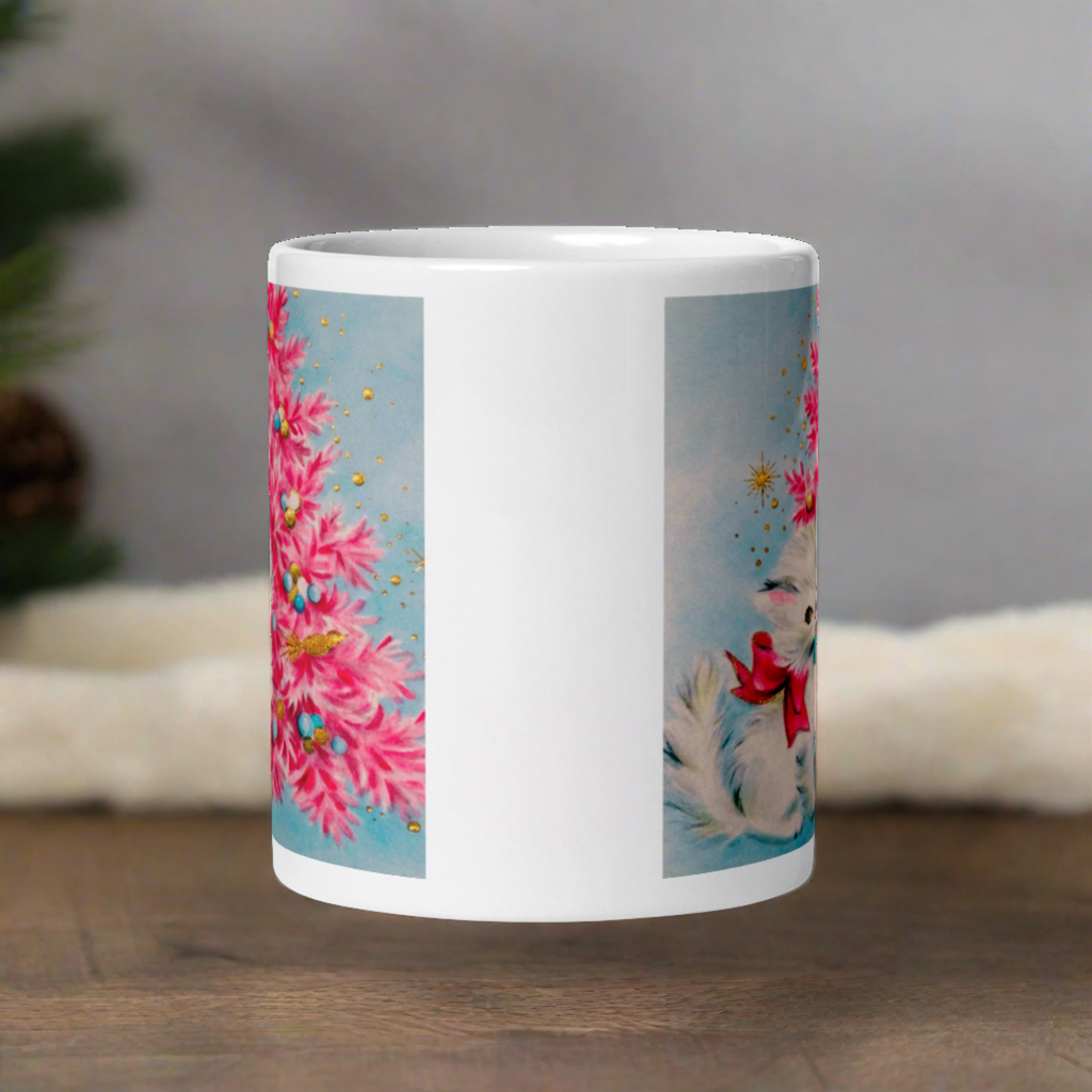 Christmas Kitten Pink Christmas Tree Mid Century Retro Christmas Print Glossy Mug