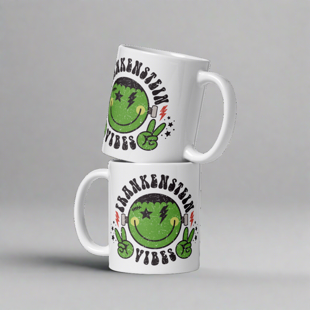 Frankenstein Vibes Distressed Style Halloween Glossy Coffee Mug