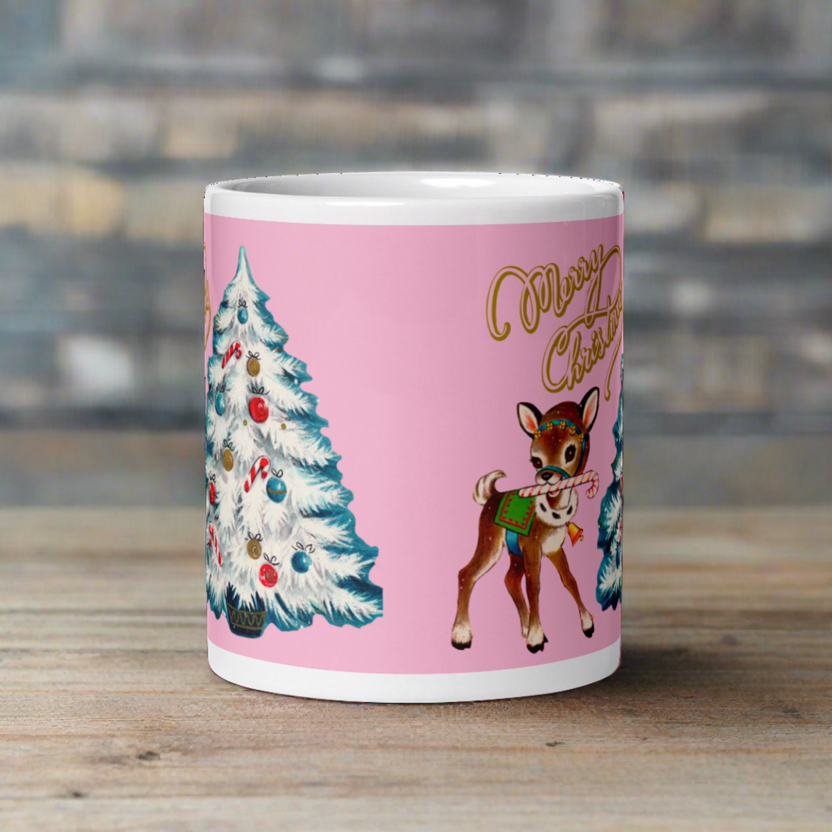 Merry Christmas Vintage Reindeer Tree Pink Mid Century Retro Christmas Print Glossy Mug