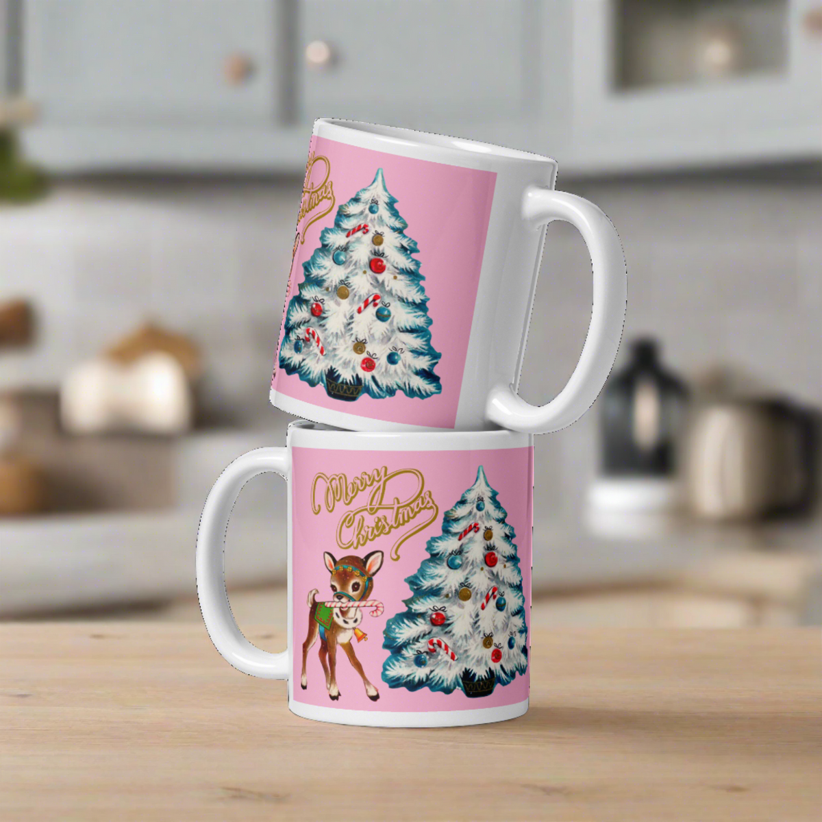 Merry Christmas Vintage Reindeer Tree Pink Mid Century Retro Christmas Print Glossy Mug