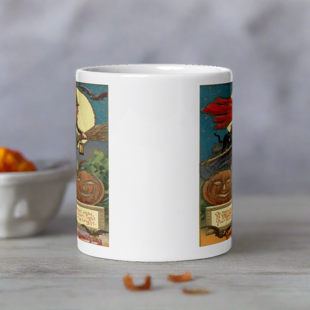 Victorian Witch Black Cat Retro Vintage Art Halloween Glossy Coffee Mug