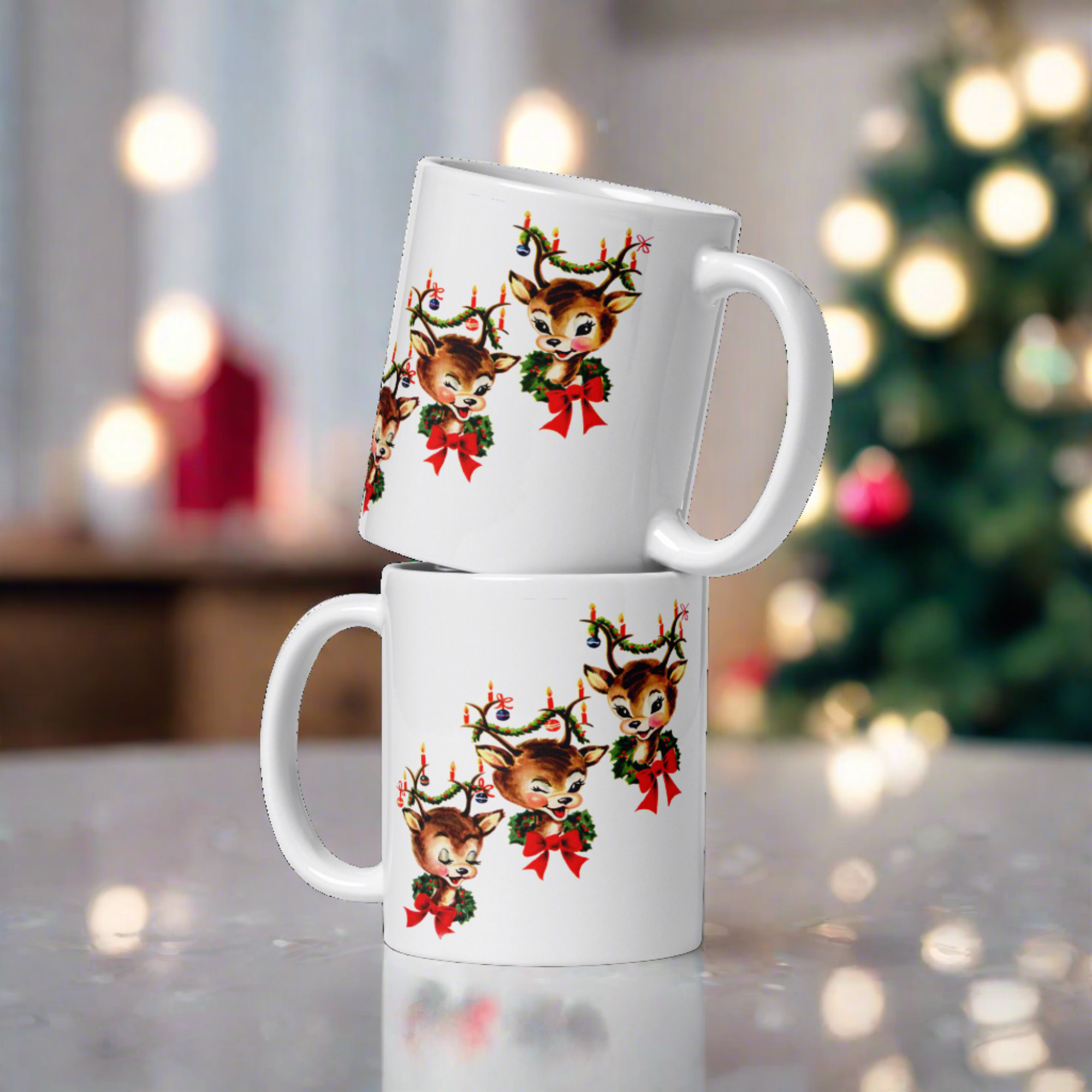 Three Reindeer Retro Vintage Christmas Glossy Coffee Mug