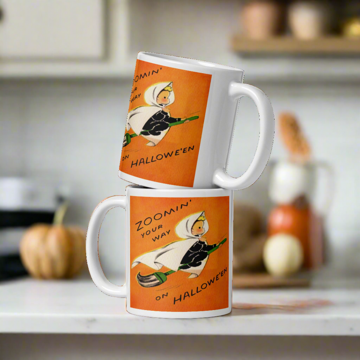 Zoomin' Your Way On Halloween Little Witch Retro Halloween Print Glossy Mug