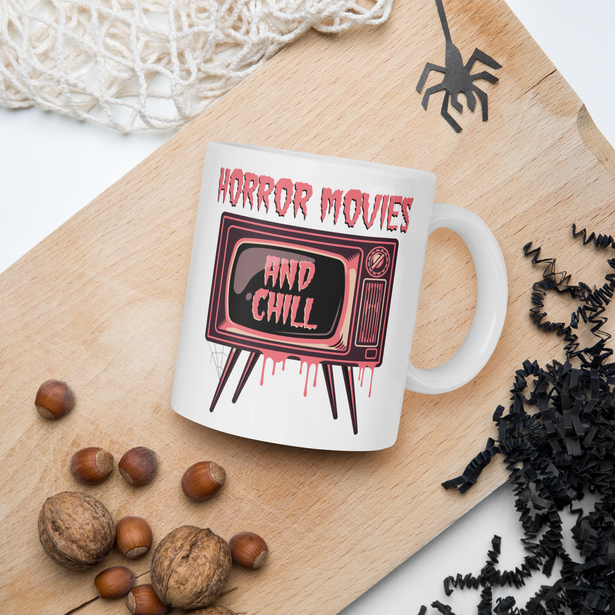 Horror Movies And Chill Retro Television Halloween Print Glossy Coffee Mug