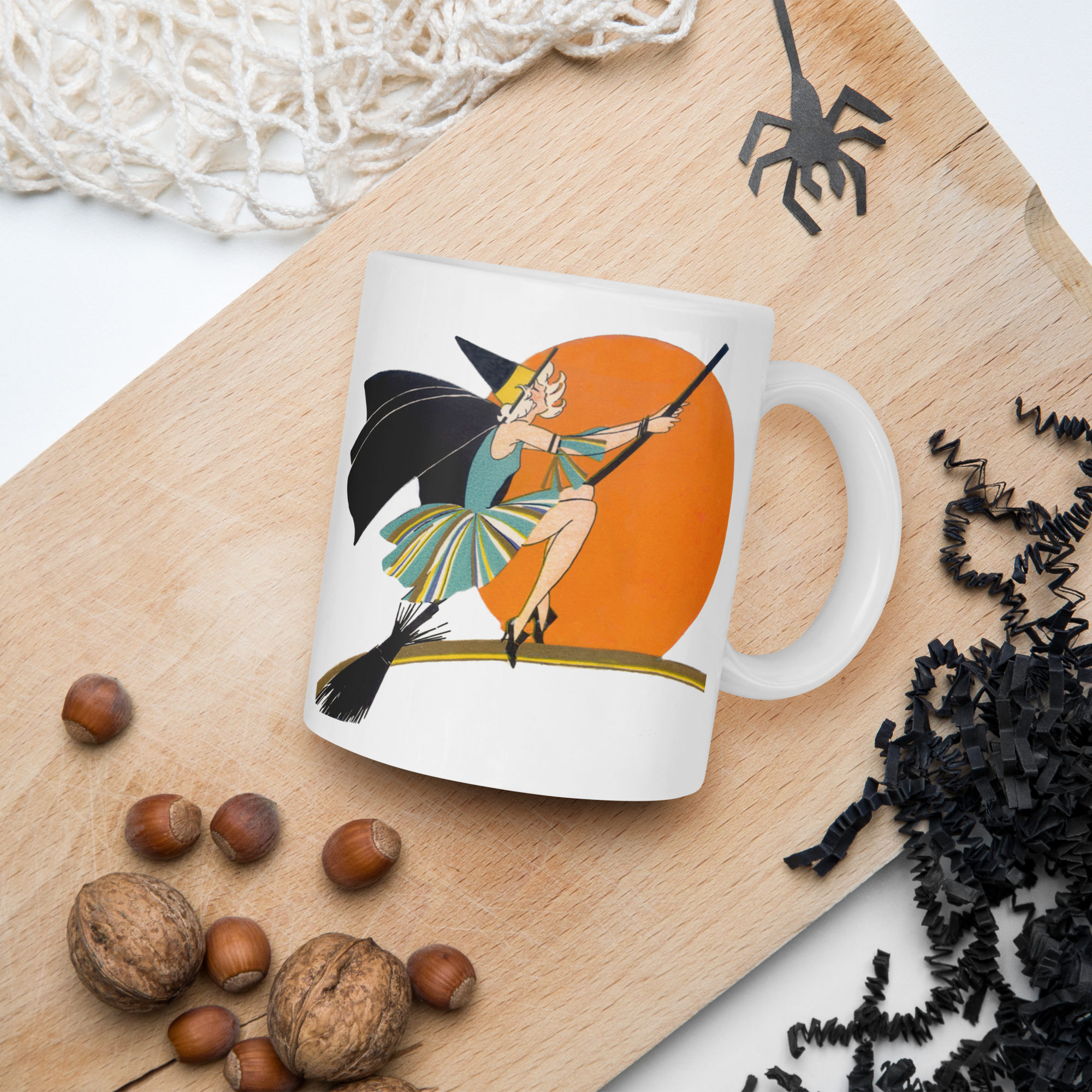 Flying Flapper Witch On Broom Orange Moon Retro Halloween Print Glossy Mug