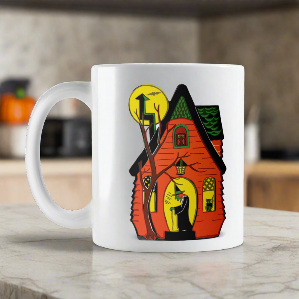 Halloween Witch House Black Cat Yellow Moon Vintage Retro Print Glossy Coffee Mug