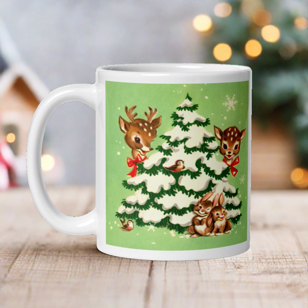 Reindeer In Snowy Tree With Bunnies And Birds Green Mid Century Retro Christmas Print Glossy Mug
