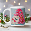 Christmas Kitten Pink Christmas Tree Mid Century Retro Christmas Print Glossy Mug