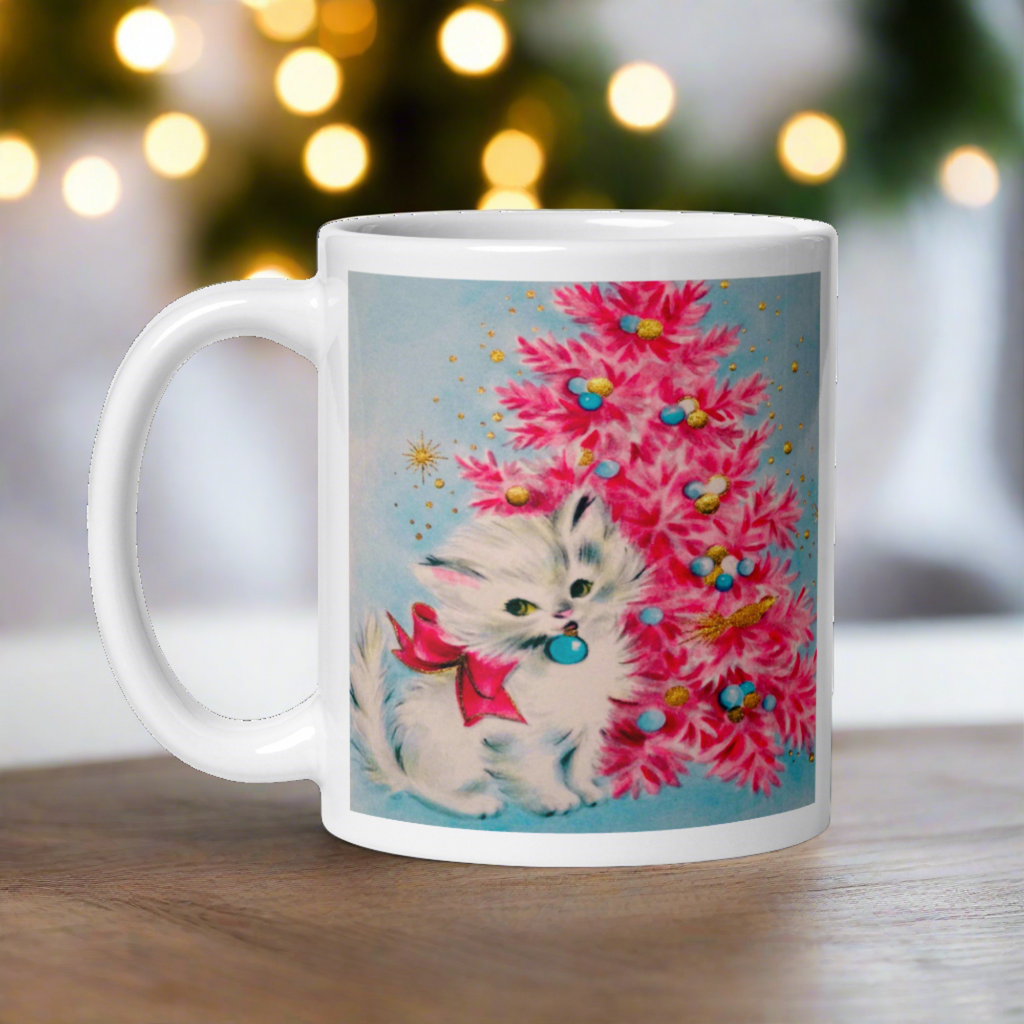Christmas Kitten Pink Christmas Tree Mid Century Retro Christmas Print Glossy Mug