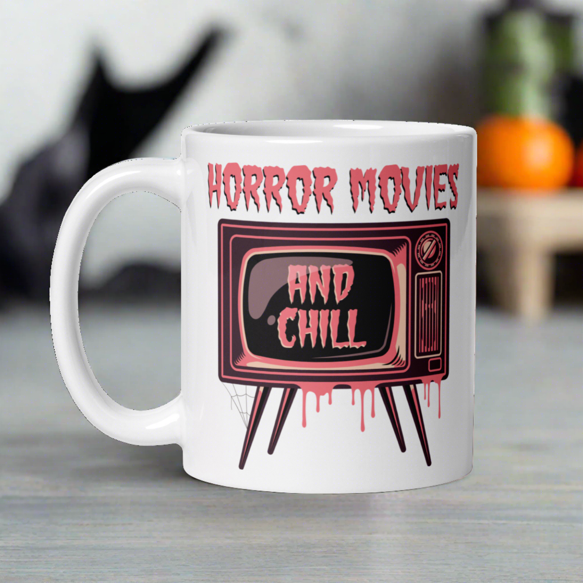 Horror Movies And Chill Retro Television Halloween Print Glossy Coffee Mug