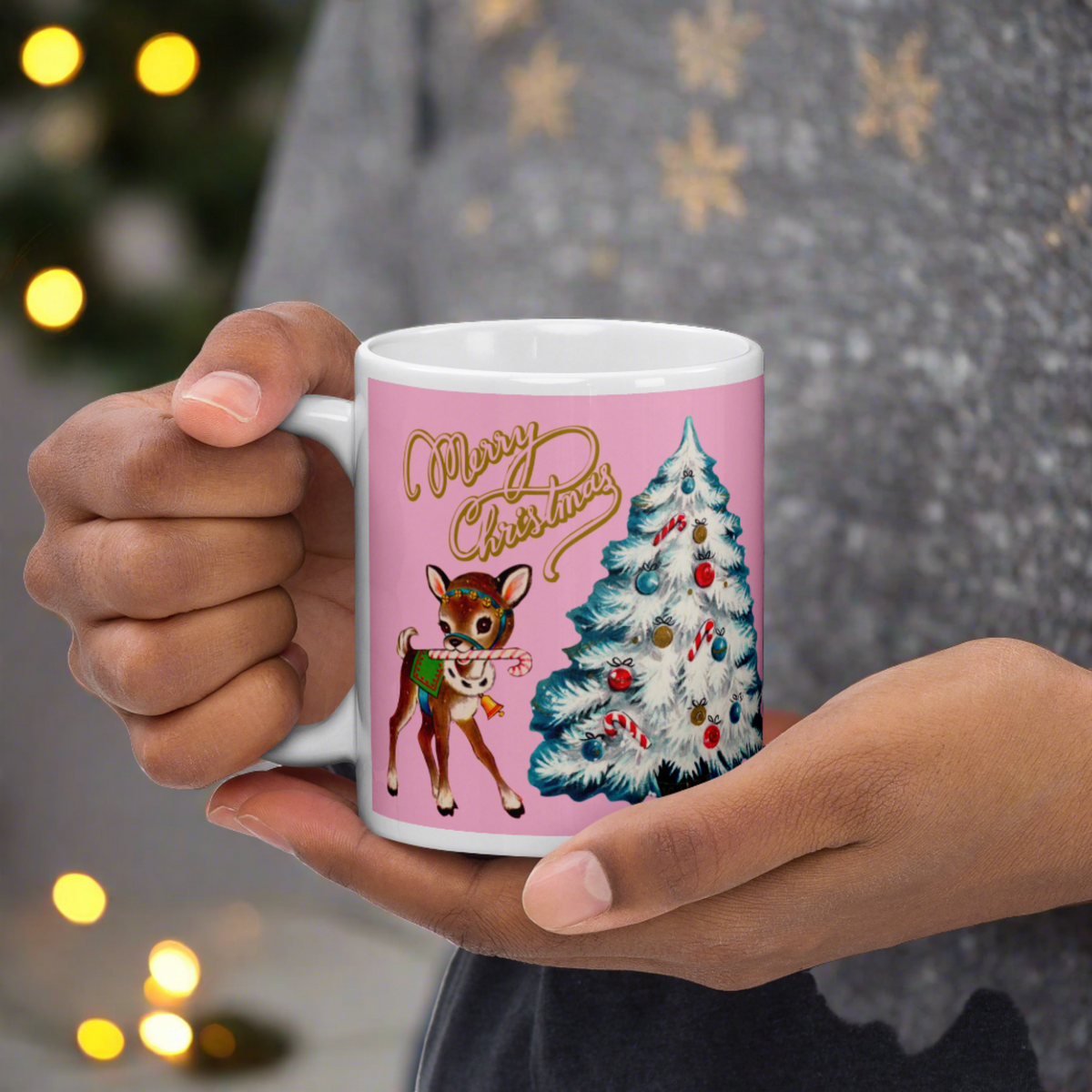 Merry Christmas Vintage Reindeer Tree Pink Mid Century Retro Christmas Print Glossy Mug