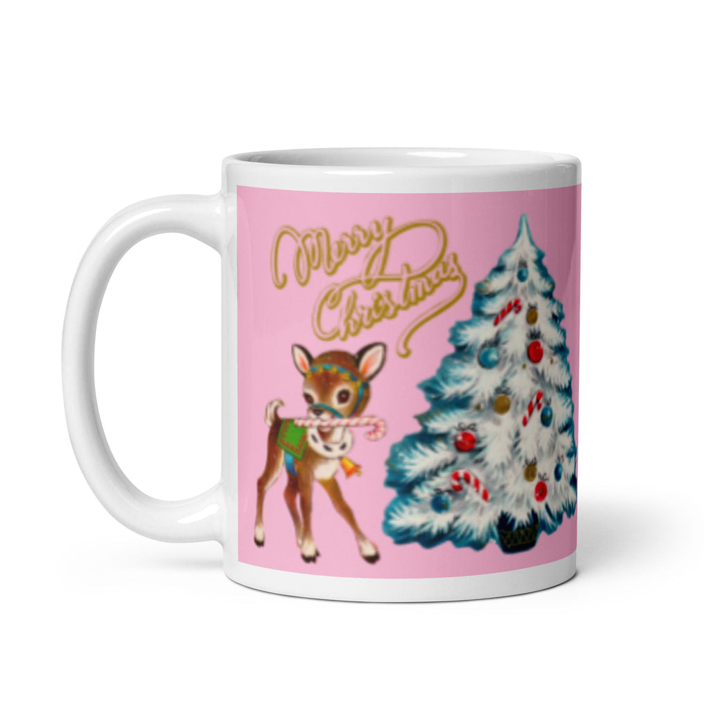 Merry Christmas Reindeer Mug White Teal Tree Pink Mid Century Retro Glossy Coffee Mug