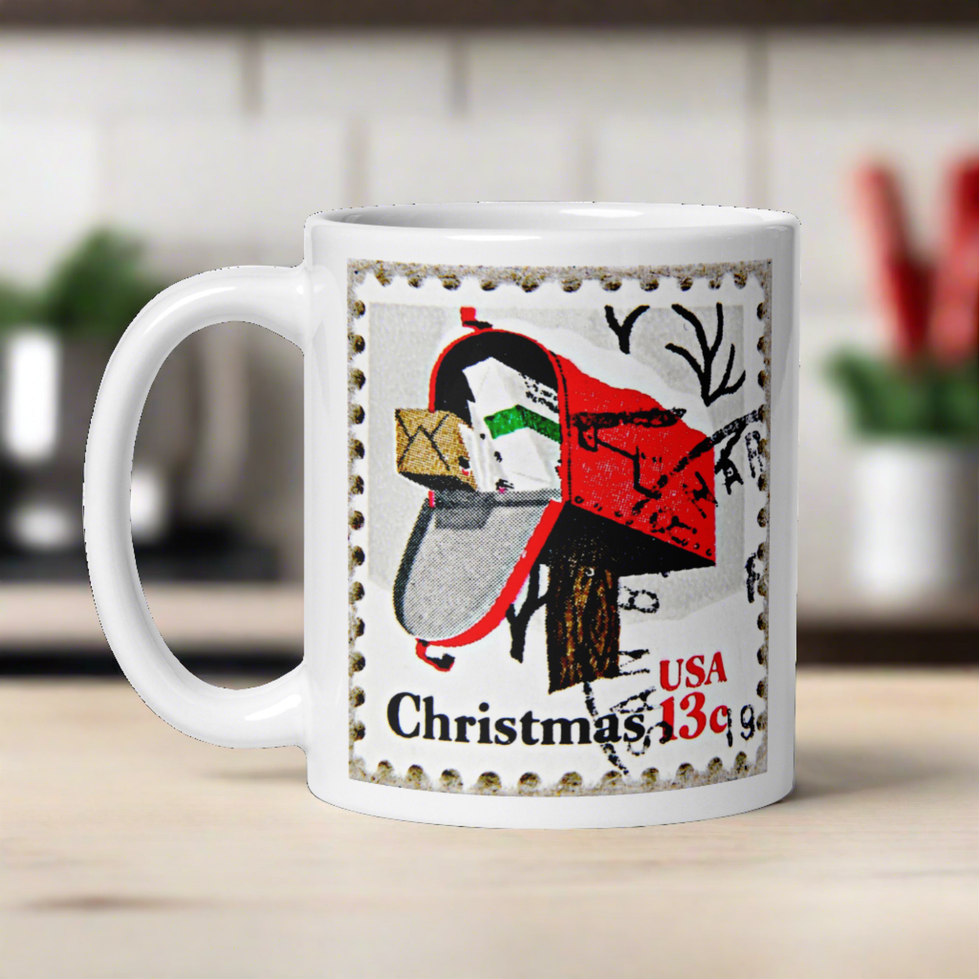 Christmas Stamp Mailbox Retro Christmas Print Glossy Mug