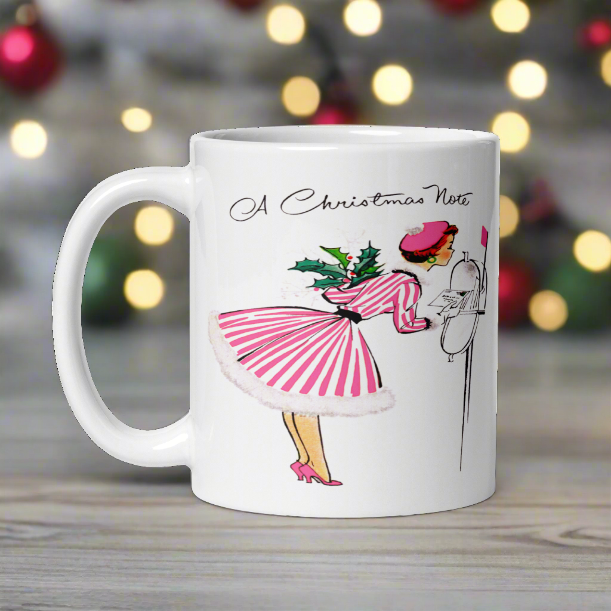 A Christmas Note Lady At Mailbox Retro Christmas Print Glossy Coffee Mug