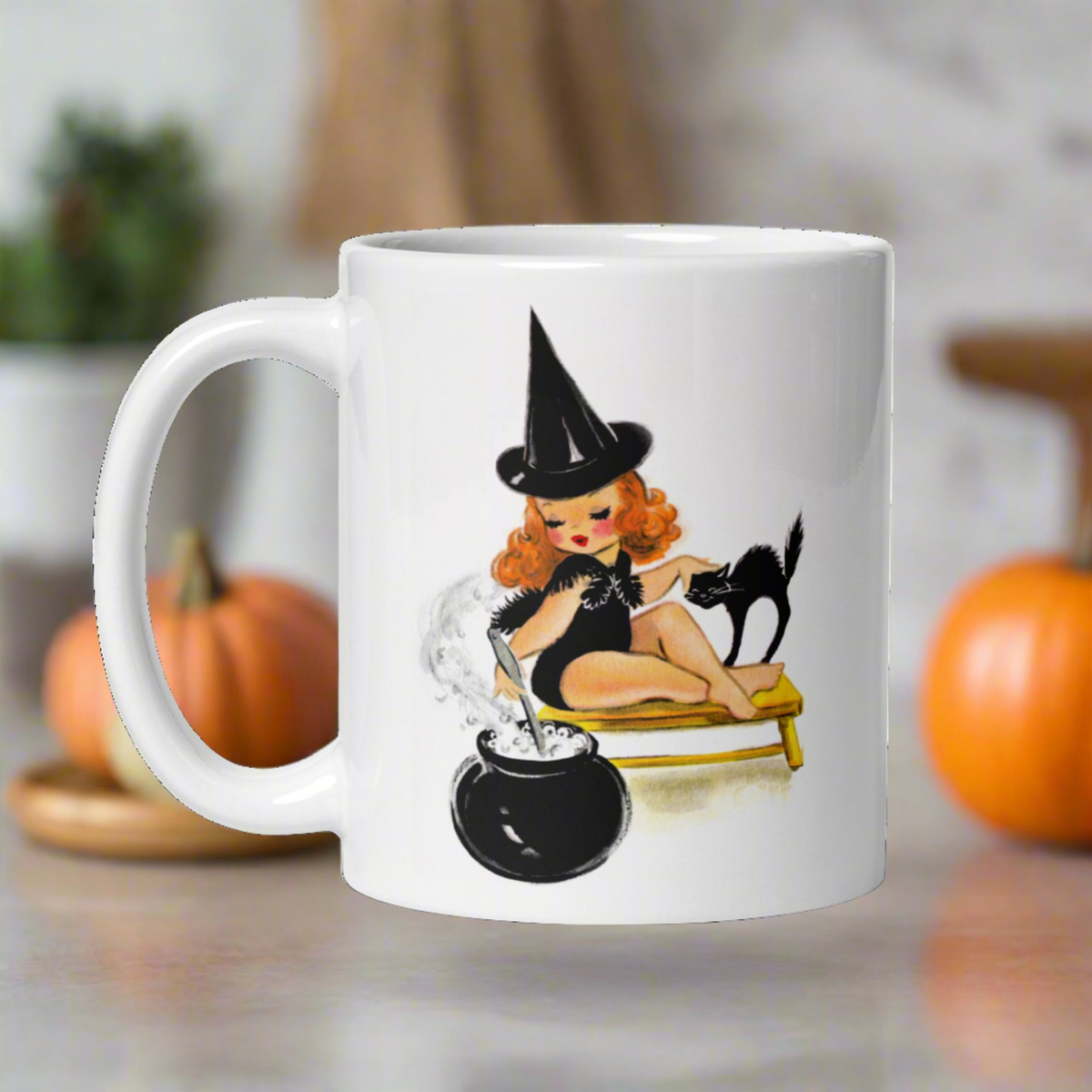 Orange Witch Black Cat Retro Halloween Print Mug