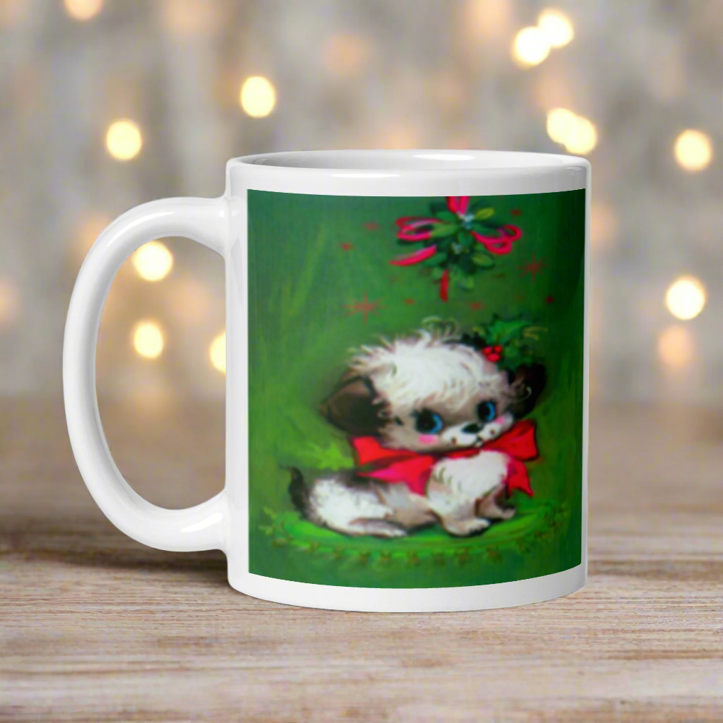 Christmas Puppy Under The Mistletoe Glossy Coffee Mug