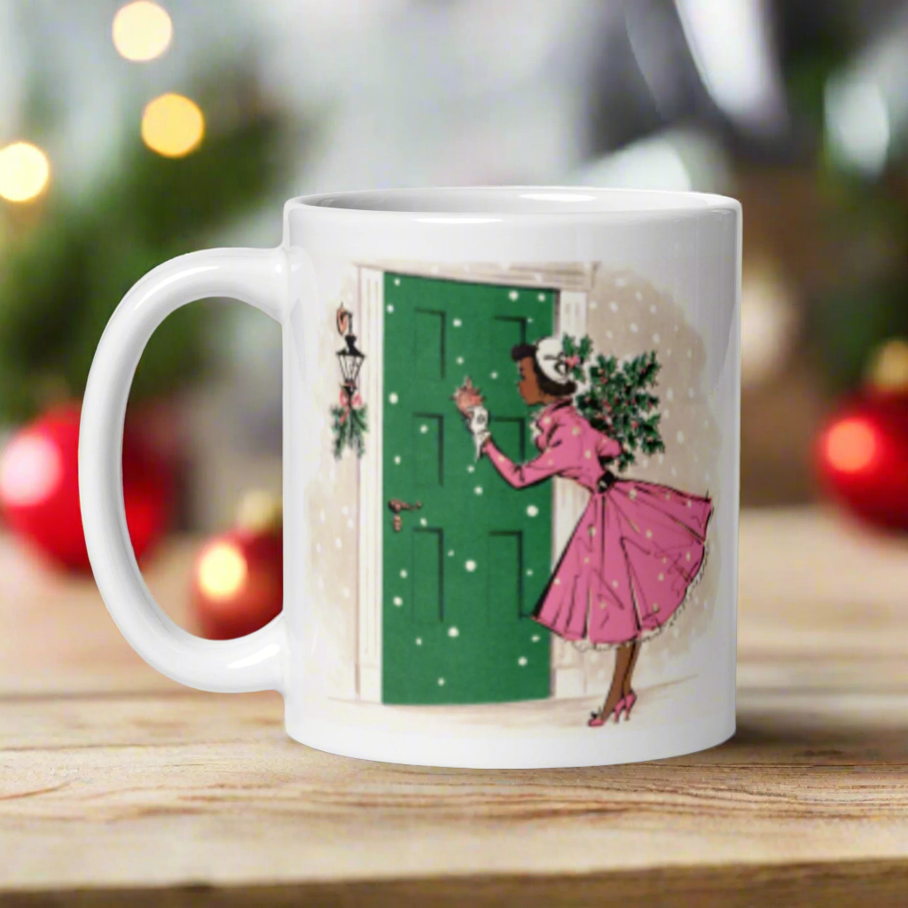 Christmas Lady Housewife With Holly Pine Glossy Coffee Mug