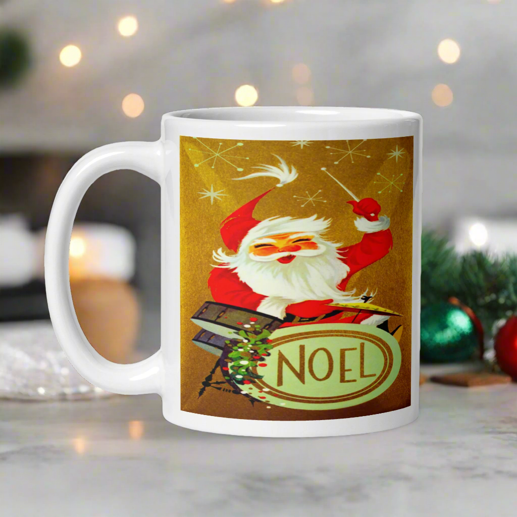 Santa Playing The Drums Retro Glossy Coffee Mug