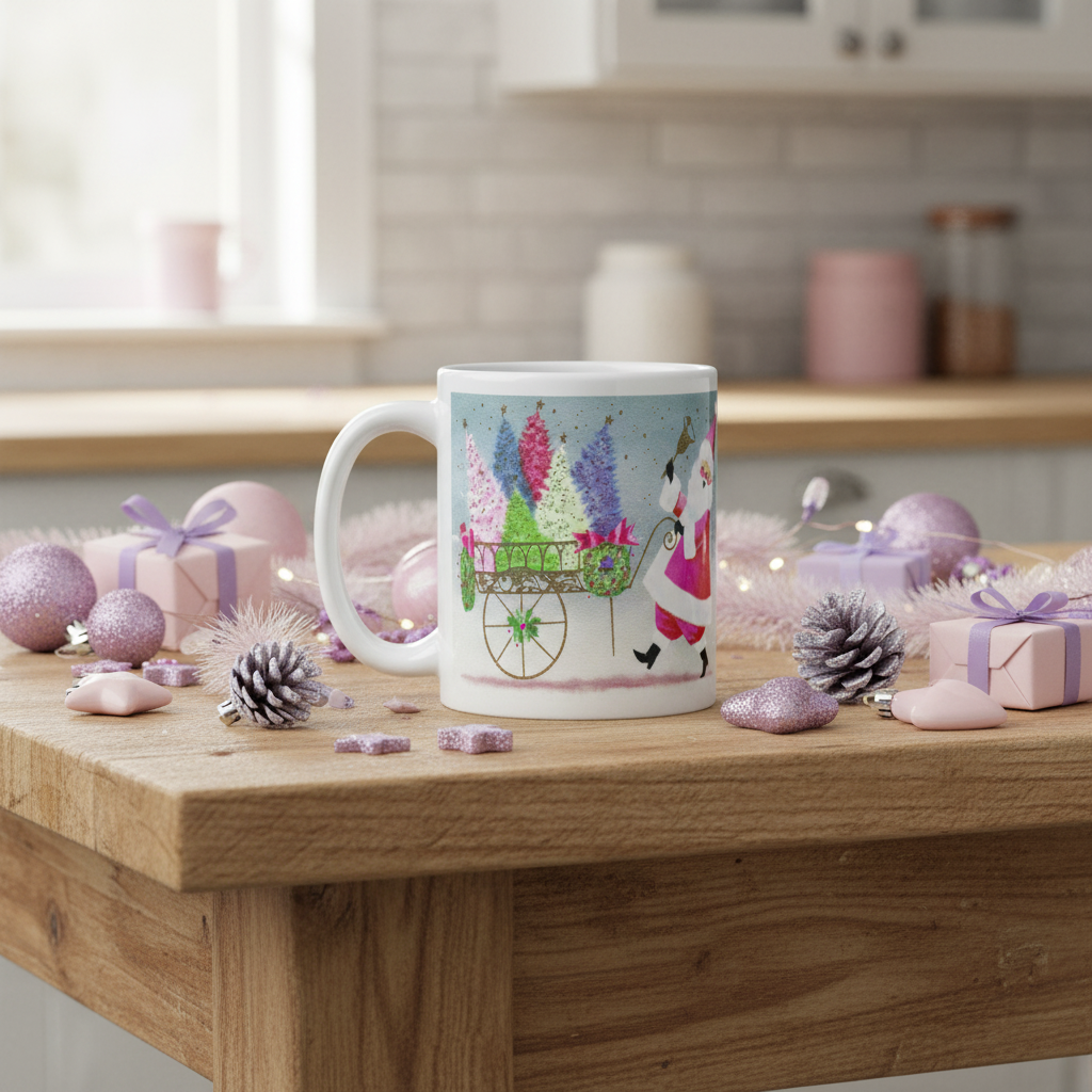 Santa Ringing Bell Mid Century Retro Christmas Print Glossy Mug